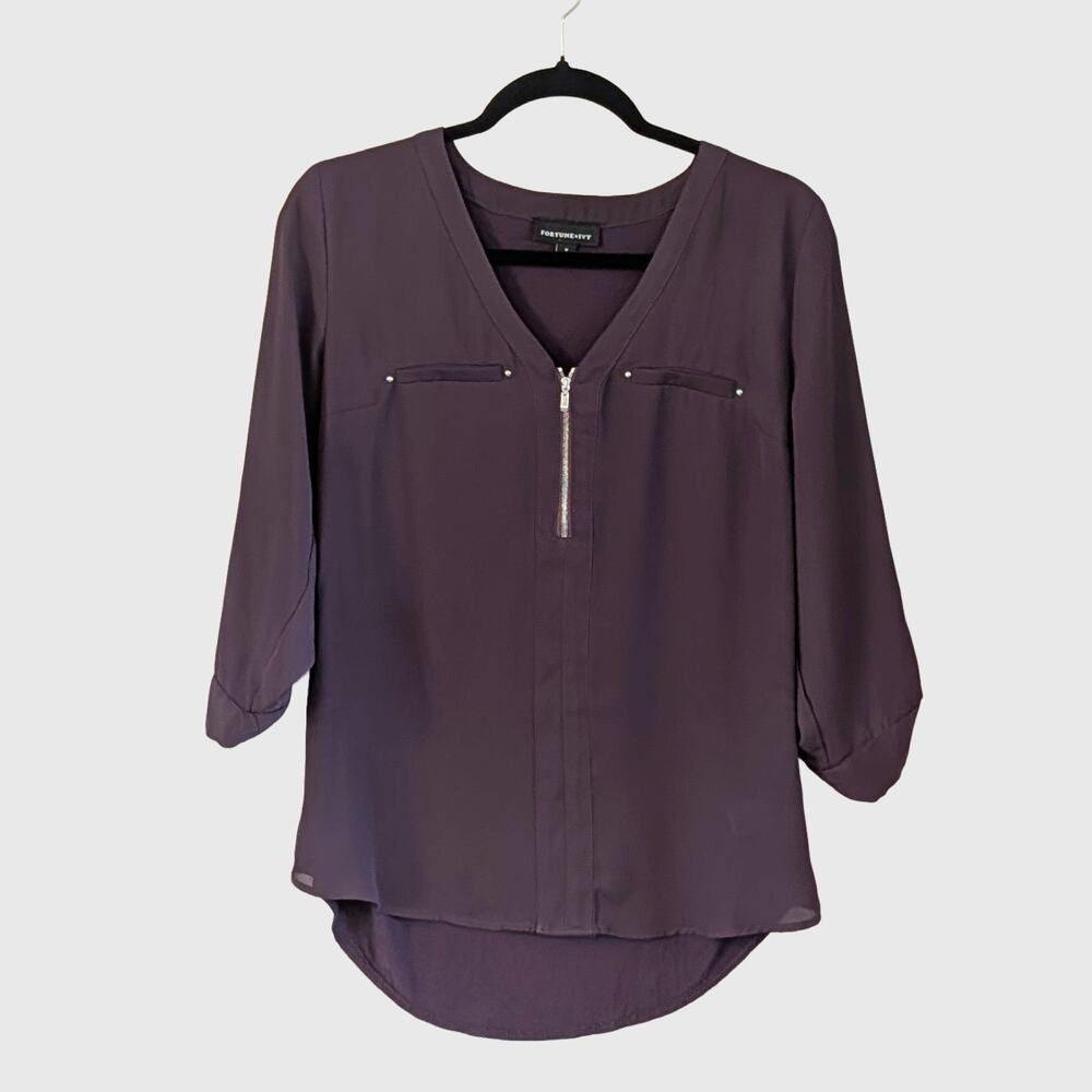 Fortune + Ivy Plum Zip Front Blouse V-Neck Top M Mixed Media High Low 3/4 Sleeve